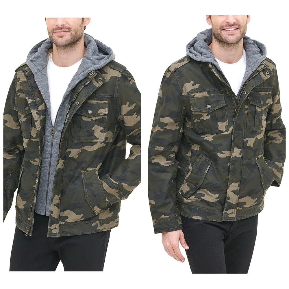 Levi's Men's Washed Cotton Hooded Military Jacket Size Small Camouflage Dickie
